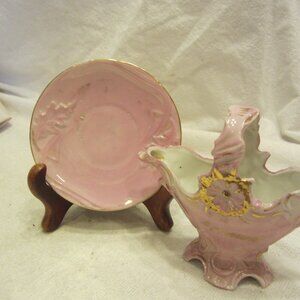 VTG PINK VASE PORCELAIN BASKET & PLATE W/GOLD TRIM SMALL VASE